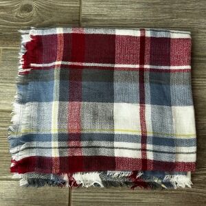 Oversized Plaid Blanket Scarf Cabincore Red Blue White Cozy Fringe Fall 74x74
